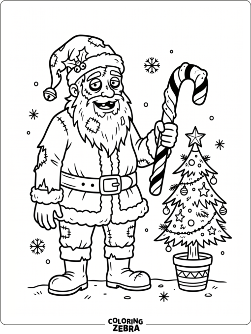 A zombie Santa holding a candy cane near a small tree