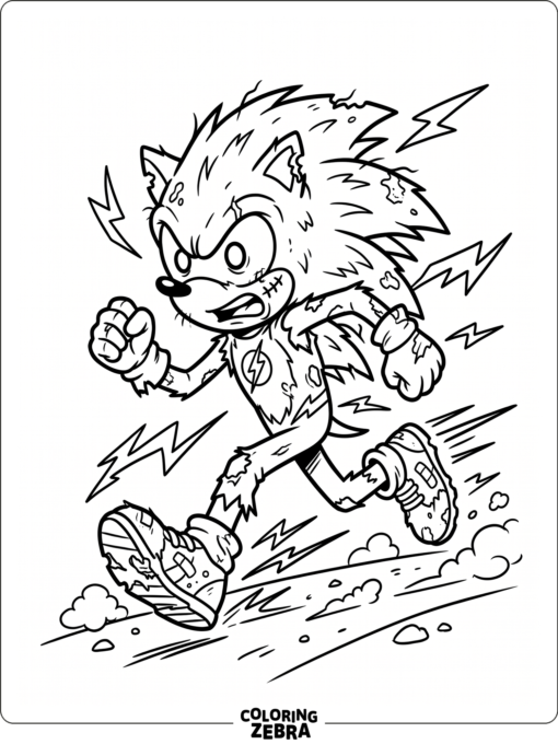 A zombie speedster with spiky hair and torn shoes