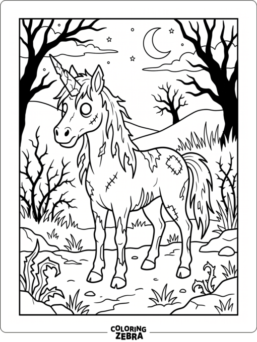 A zombie unicorn with a cracked horn stands in a spooky meadow