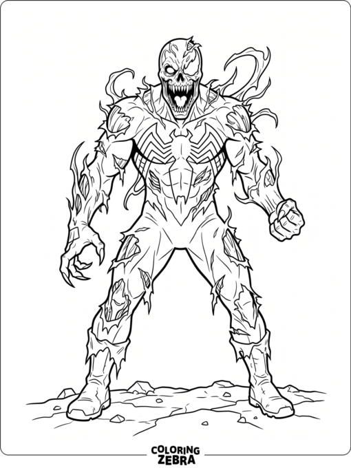 A zombie symbiote hero with sharp teeth and torn suit