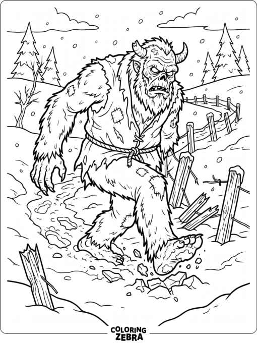 Large fuzzy Zombie Yeti in a snowy scene with bold outlines